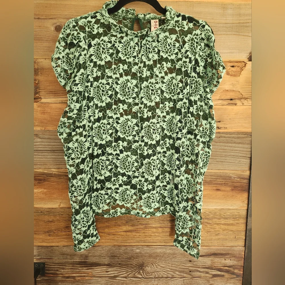 NWOT S Anthropologie Dolan Left Coast Sheer Mock Neck Lace Top Multi Green - Picture 5 of 7